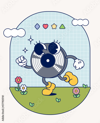 Hand draw Funny Retro vintage trendy style vinyl record cartoon character Contemporary illustration Doodle Comic collection