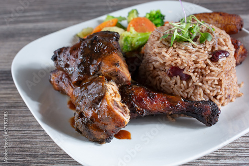 Photos A view of a jerk chicken plate.