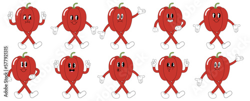 A Set of bell pepper cartoon groovy stickers with funny comic characters, gloved hands. Modern illustration with legs and arms.	
