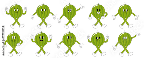 A Set of watermelon cartoon groovy stickers with funny comic characters, gloved hands. Modern illustration with legs and arms.	
