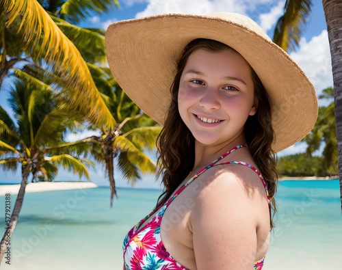A fat teenage girl enjoys her vacation at tropical beach. Generative AI