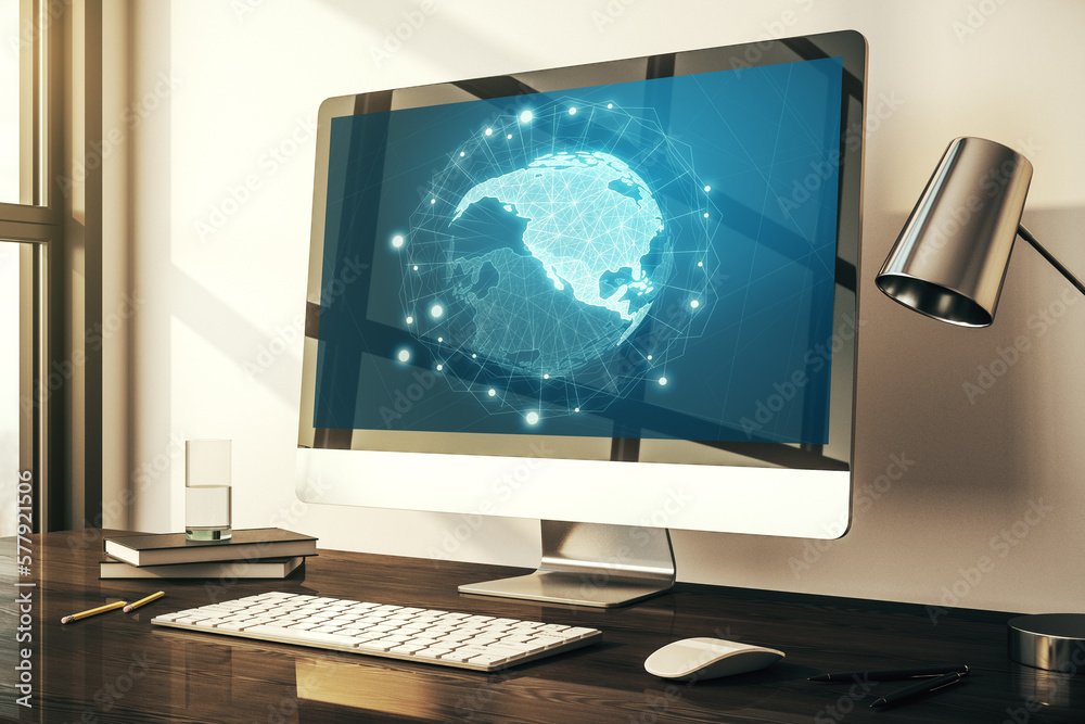Fototapeta premium Digital America map on modern laptop screen, international trading concept. 3D Rendering