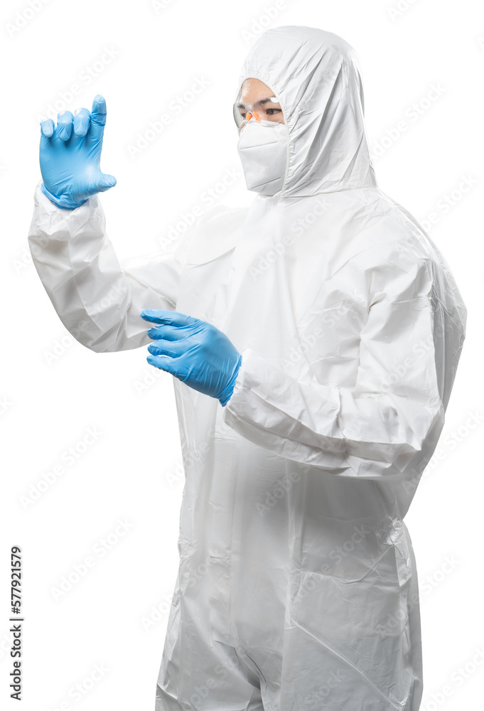 Worker wears medical protective suit or white coverall suit hand extend isolated on white Worker wears medical protective suit or white coverall suit hand extend isolated on white