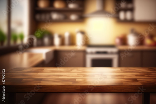 Empty wooden kitchen table with blurred background Generative AI © premyuda