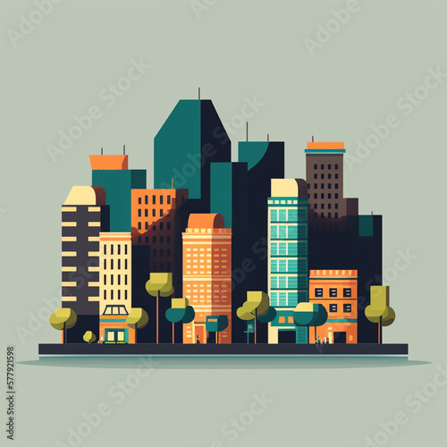 Flat cartoon style, illustration, vector, icon, simple, design for city buildings, Generative AI