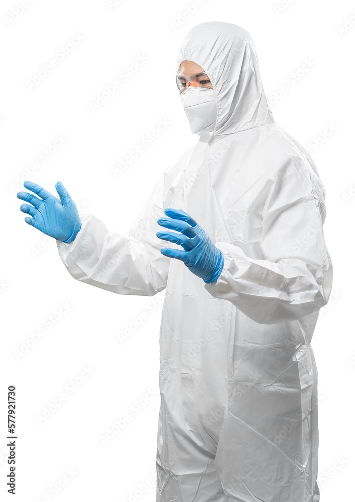 Worker wears medical protective suit or white coverall suit extend empty hands Worker wears medical protective suit or white coverall suit extend empty hands