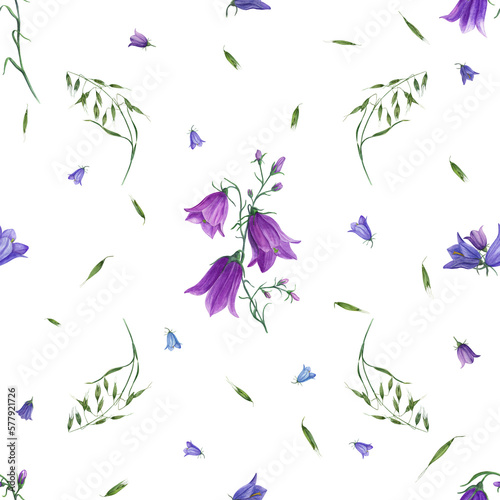 Watercolor seamless pattern of bluebells, wild oats isolated on white background. For postcard, poster, scrapbooking, invitations, background, prints, wallpaper, fabric, textile, wrapping.