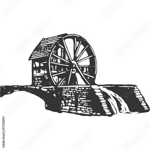 Water Wheel Vintage Illustration Vector