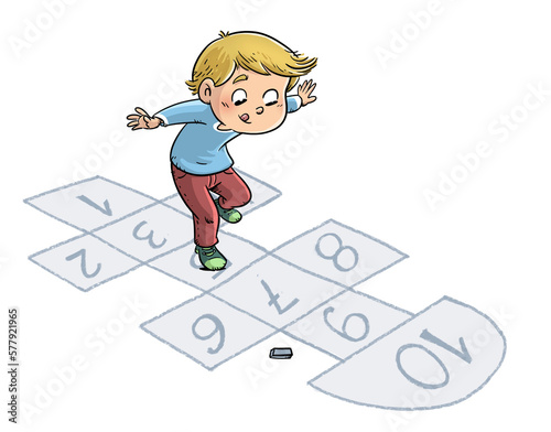 Illustration of boy playing hopscotch photo