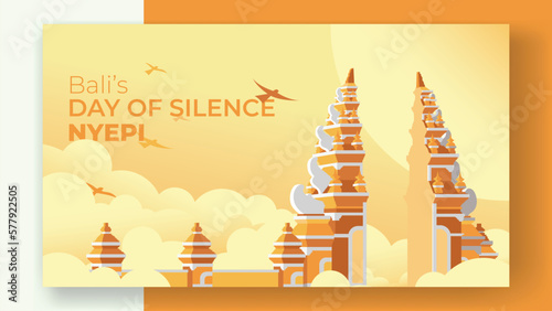 Bali's day of silence nyepi, hindu new year, selamat hari raya nyepi vector illustration hindu statue temple silhouette for banner, poster, template, social media feed photo
