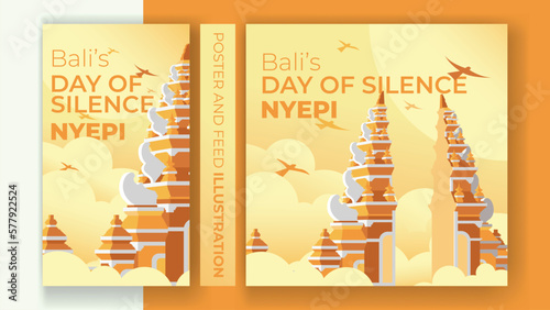 Bali's day of silence nyepi, hindu new year, selamat hari raya nyepi vector illustration hindu statue temple silhouette for banner, poster, template, social media feed