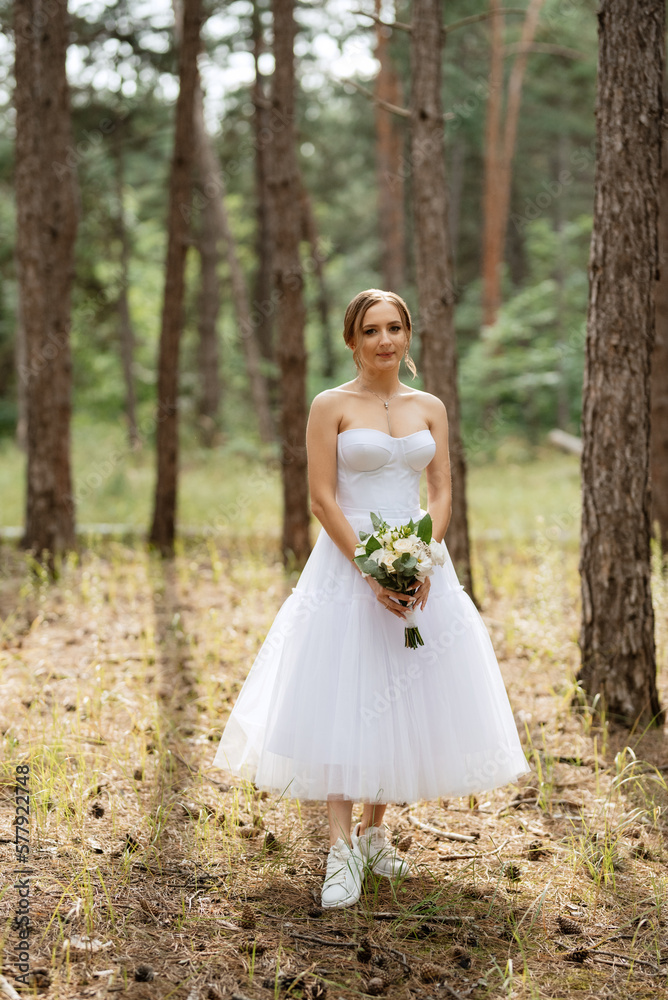 young bride in a white short dress in a spring pine forest young bride in a white short dress in a spring pine forest