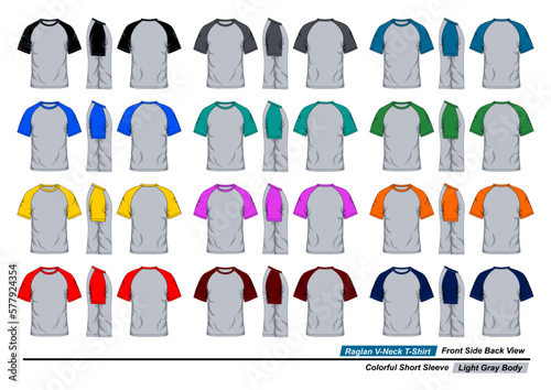 Front, side and back view of round neck raglan t-shirt, colorful short sleeve and light gray body