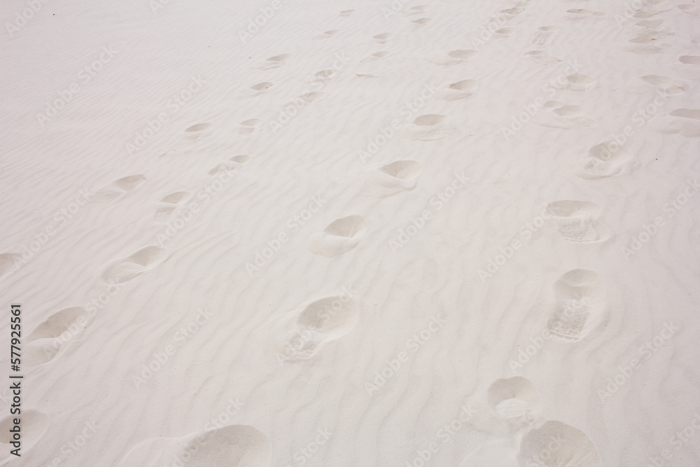 A view of footprints into the sand, seen at the White Sands National Park. A view of footprints into the sand, seen at the White Sands National Park.