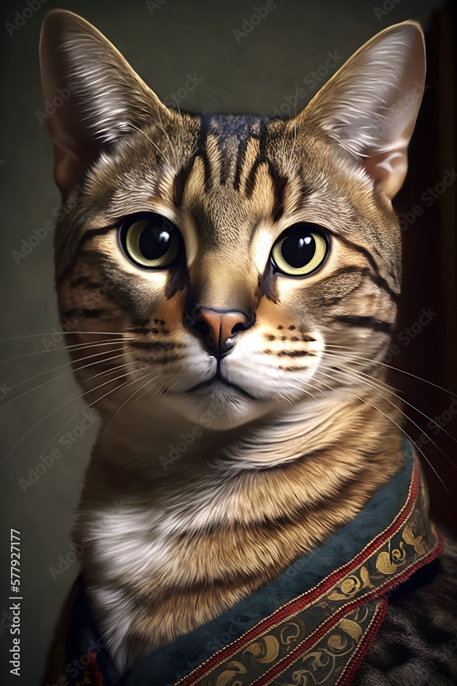 Close up of a cat wearing a collar, a photorealistic painting, mid-century style Close up of a cat wearing a collar, a photorealistic painting, mid-century style