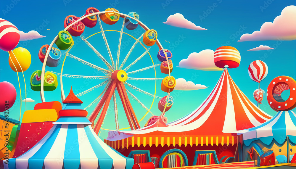 Colorful cartoon style carnival amusement park and funfair background