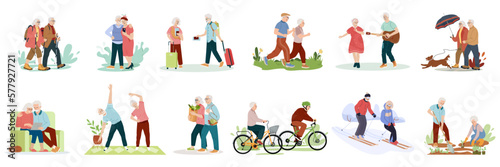 Collection of cute funny active elderly couples concept. Set of healthy activities for seniors exercising, jogging, hiking, cycling, walking the dog, dancing. Flat cartoon vector illustration