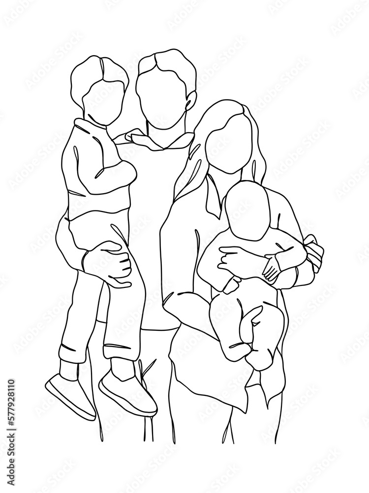 Continuous one line drawing of happy family. Continuous one line drawing of happy family.
