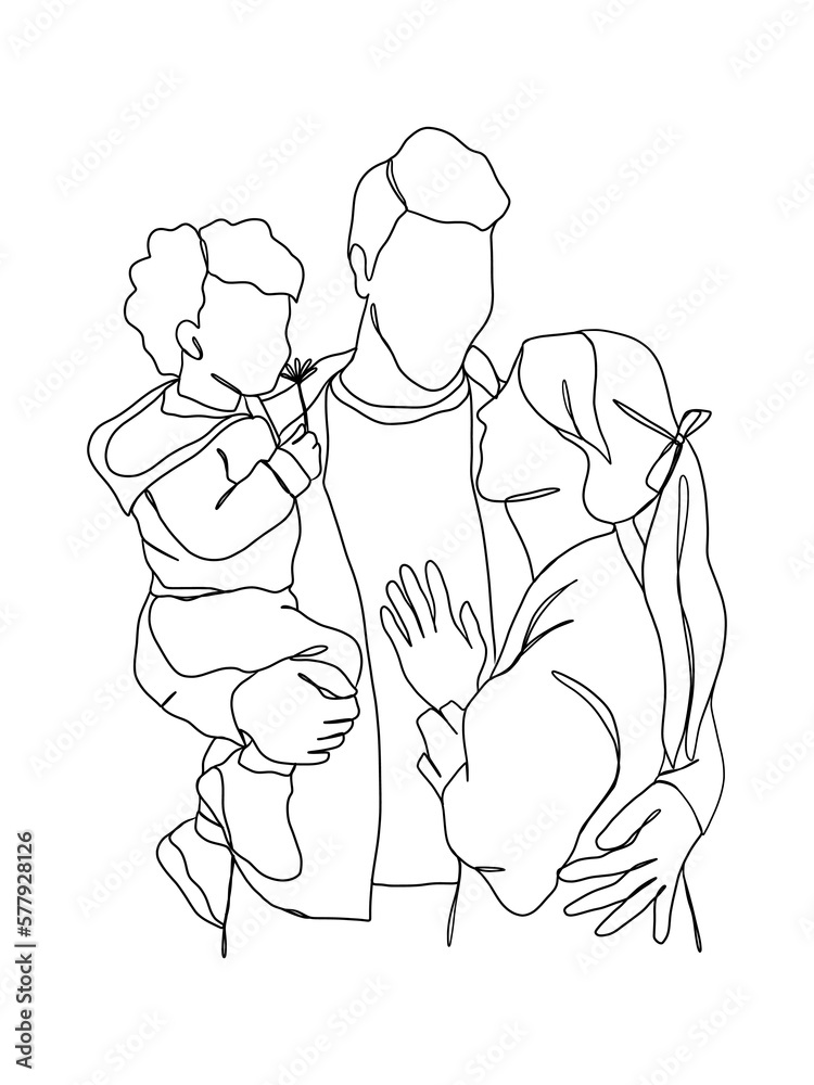 Continuous one line drawing of happy family. Continuous one line drawing of happy family.