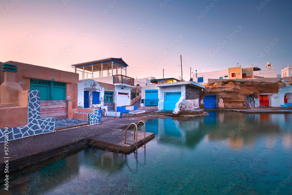 Boat houses in the harbour of Mandrakia village on the northern coast Boat houses in the harbour of Mandrakia village on the northern coast