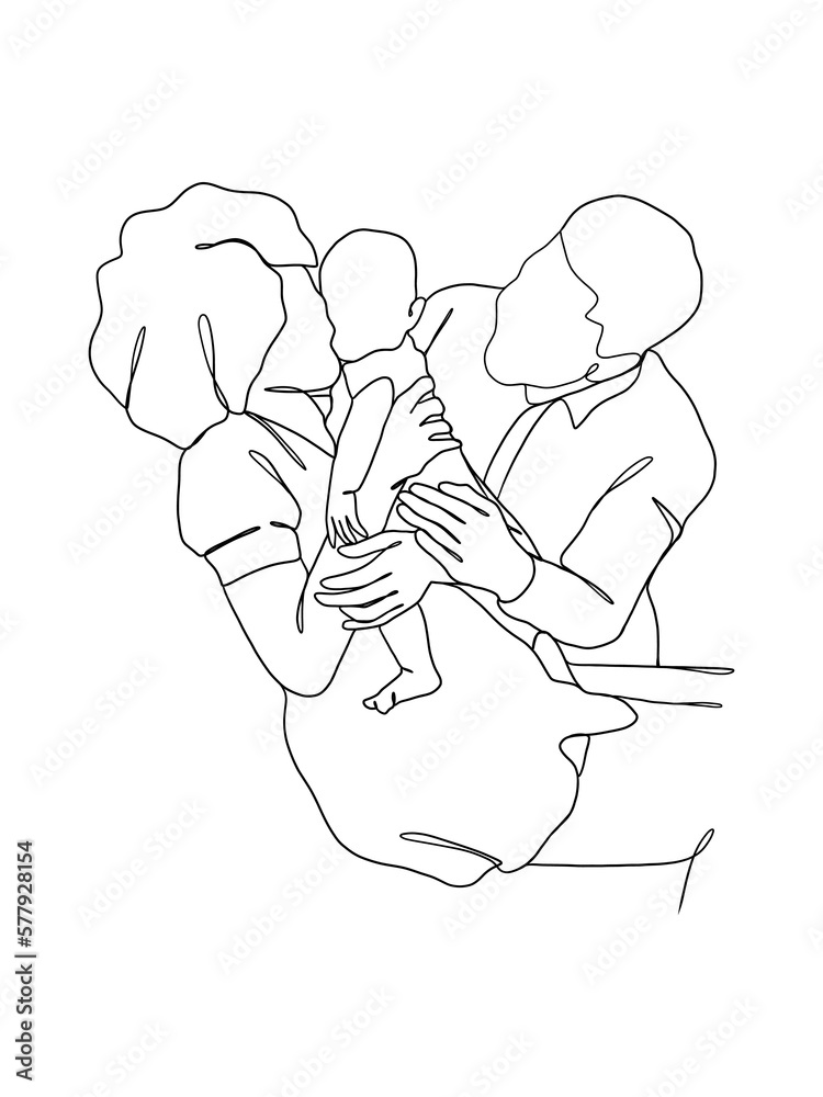 Continuous one line drawing of happy family. Continuous one line drawing of happy family.