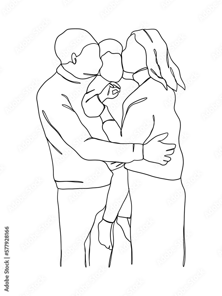 Continuous one line drawing of happy family. Continuous one line drawing of happy family.