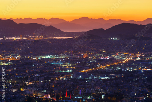 View of Athens from Lycabettus hill at sunset, Greece. photo