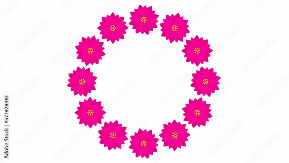 Animated magenta flower blossoms. Circle frame from flowers. Floral template with copy space for text. Looped video. Flat vector illustration isolated on white background. Animated magenta flower blossoms. Circle frame from flowers. Floral template with copy space for text. Looped video. Flat vector illustration isolated on white background.