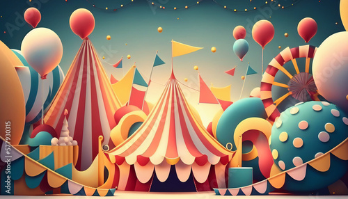 Fototapeta Colorful cartoon style carnival amusement park and funfair background, Generative AI