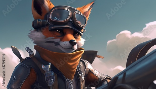 adventurous fox pilot digital art illustration, Generative AI