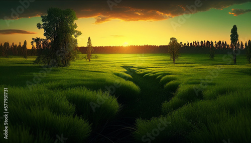 Beautiful view of the green fields at the sunset in the background  Generative AI