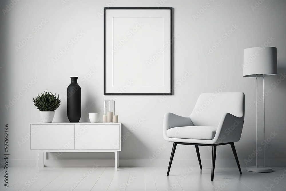 This stunning illustration features a white room with a blank frame on the wall, set against a minimalist background, providing the perfect interior design inspiration
