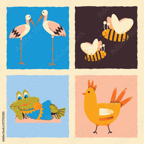 Vector illustration on the theme of animals. Square template with frog  bees  storks  bird chicken.