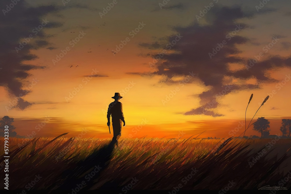 Silhouette of a person in a field during sunset. Mental health and healing concept. Created with generative AI technology.
