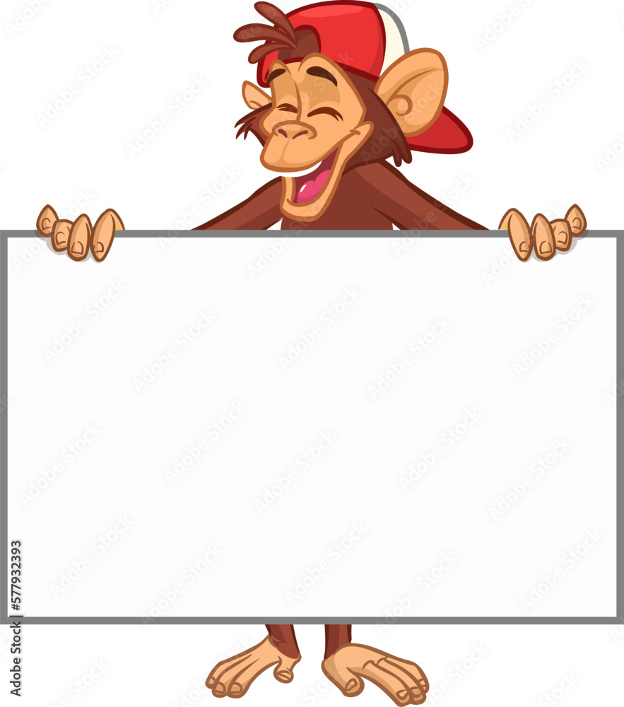 Cartoon monkey chimpanzee holding blank empty white paper or placard for menu or greetings. Vector illustration of happy monkey character Cartoon monkey chimpanzee holding blank empty white paper or placard for menu or greetings. Vector illustration of happy monkey character