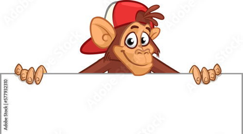 Photography Cartoon monkey chimpanzee holding blank empty white paper or placard for menu or greetings