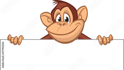 Cartoon monkey chimpanzee holding blank empty white paper or placard for menu or greetings. Vector illustration of happy monkey character