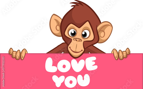 Cartoon monkey chimpanzee holding blank empty white paper or placard for menu or greetings. Vector illustration of happy monkey character