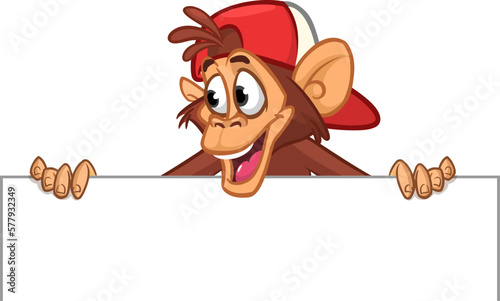 Photography Cartoon monkey chimpanzee holding blank empty white paper or placard for menu or greetings