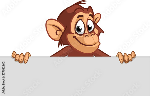 Fototapete Cartoon monkey chimpanzee holding blank empty white paper or placard for menu or greetings