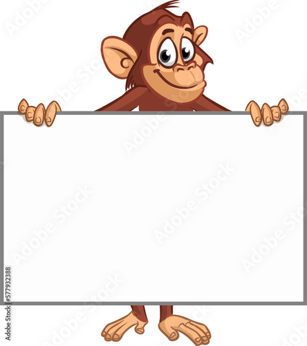 Cartoon monkey chimpanzee holding blank empty white paper or placard for menu or greetings. Vector illustration of happy monkey character © drawkman