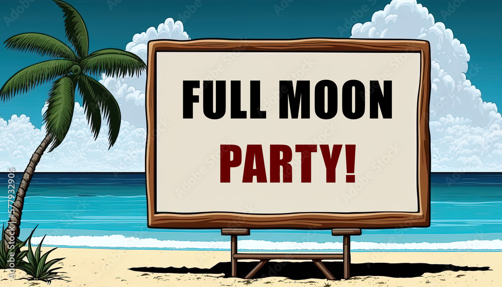 Full moon party text on billboard on the beach with sea, coconut tree and sky as background. Cartoon style illustration. Encourage anyone to join full moon party. Digital illustration generative AI.