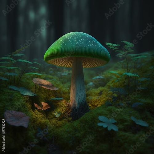 Magical mashroom in fantasy enchanted fairy tale forest with lots of brighness and lighting. Trippy mashroom psychodelic. Generative Ai © Matyfiz