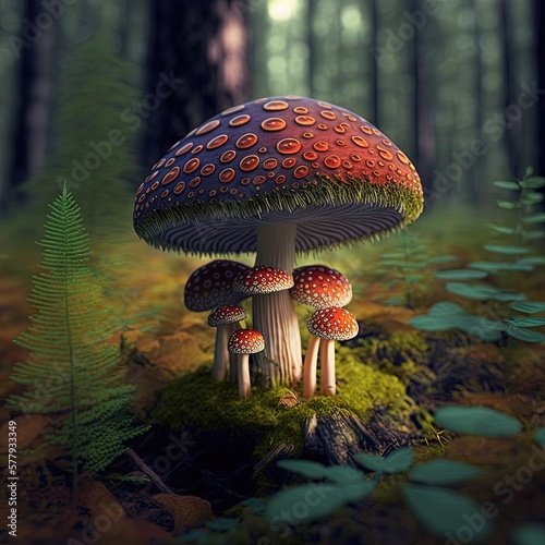 Magical mashroom in fantasy enchanted fairy tale forest with lots of brighness and lighting. Trippy mashroom psychodelic. Generative Ai