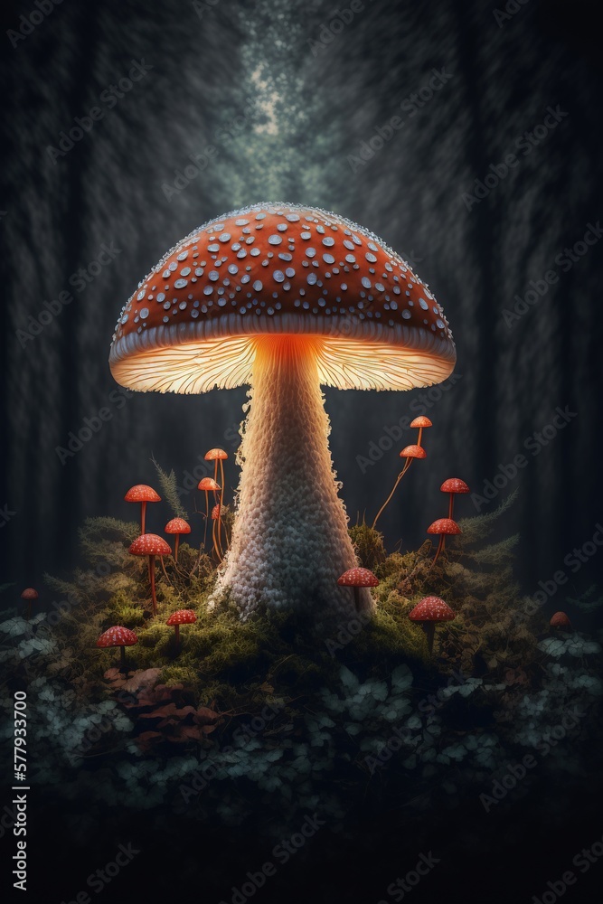 Fototapeta premium Magical mashroom in fantasy enchanted fairy tale forest with lots of brighness and lighting. Trippy mashroom psychodelic. Generative Ai