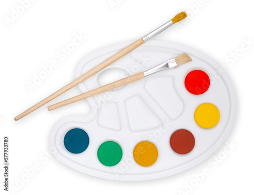 Color palette with paint brushes, top view isolated on a white background, concept of color shop or color choice. Colorful Imagination: An Artist's Palette of Tools and Inspiration.