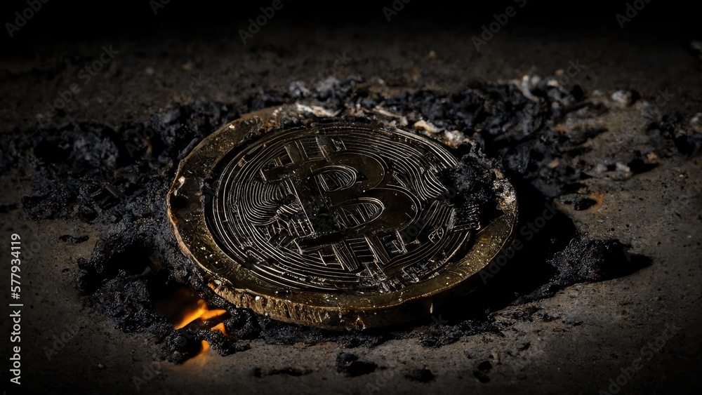 Burnt Bitcoin tossed aside the street, it's broken and nobody want it.