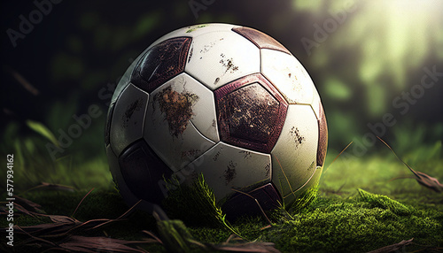 closeup of realistic soccer ball on grass with blurred stadium background  Generative AI