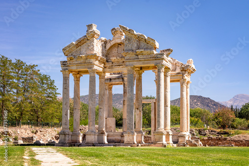 ruins of roman temple Tetrapylon in Aphrodisias, a remarkably preserved Roman-period city in ancient Caria, Turkey, UNESCO World Heritage Centre