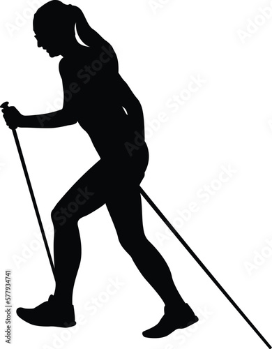 figure female athlete with trekking poles in her hands, uphill climb, full length side view, black silhouette vector illustration on white background